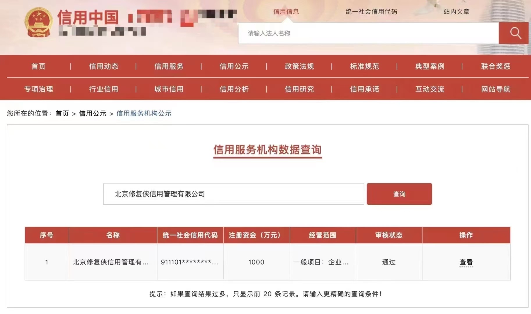 过往信用服务查询资料展示